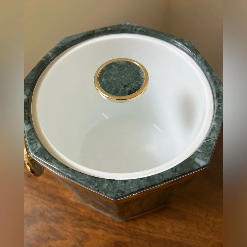 Mid Century Lot Faux Green Marble Ice Bucket and The Bombay Pair glasses